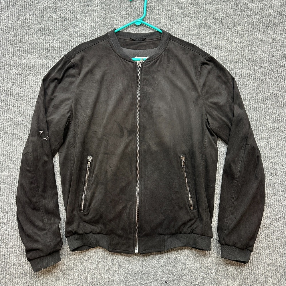 Will's Vegan Store Faux Suede Bomber Jacket Mens L Black Full Zip Italy Made